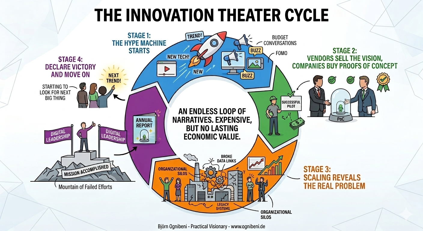 The Innovation Theater Cycle — a four-stage diagram showing how companies cycle through hype, proofs of concept, failed scaling, and declaring victory