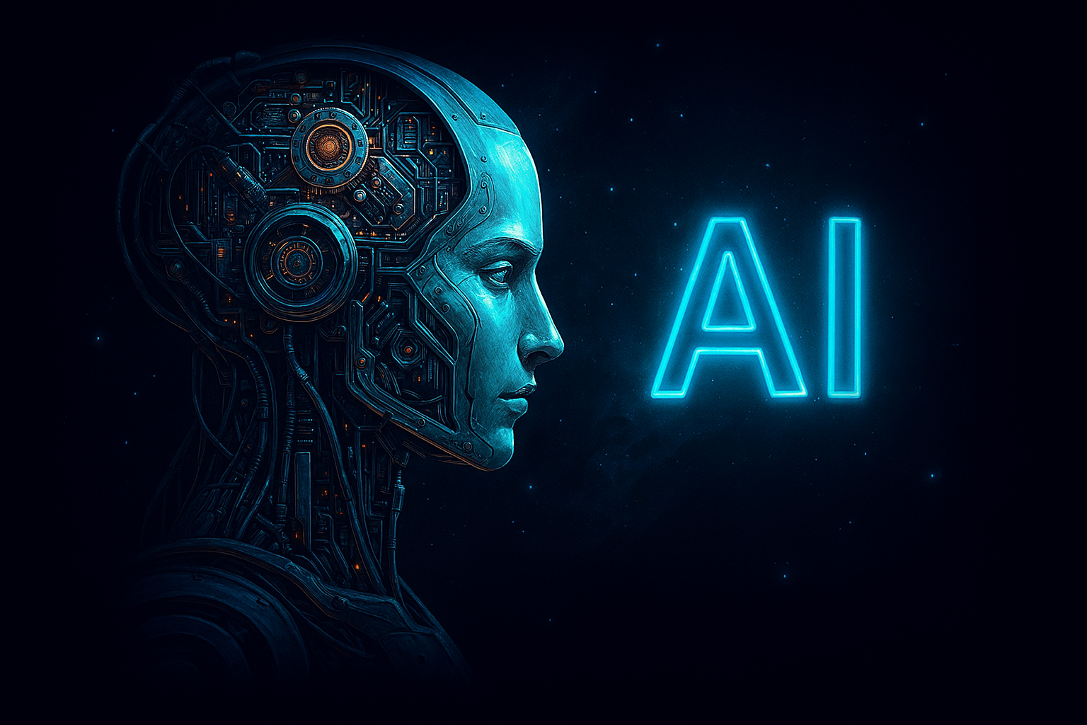 Cybernetic profile facing a glowing AI symbol — strategic perspective on artificial intelligence